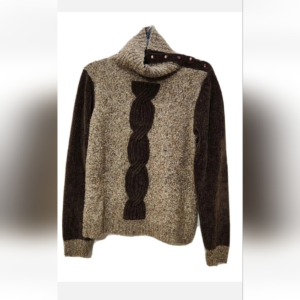 Cato Sweater Knit Speckled Light Brown Pattern Adjustable Turtle Neck Size L
